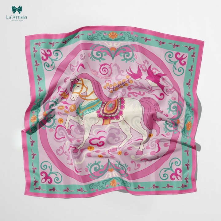 Double-sided printed silk scarf with the pink triumphant horse pattern (Size 70*70cm : 749,000vnd)